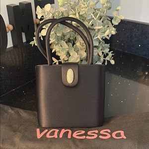 *Vanessa Matte Sateen Black Handbag w Crystal Closure & Double Padded Handles